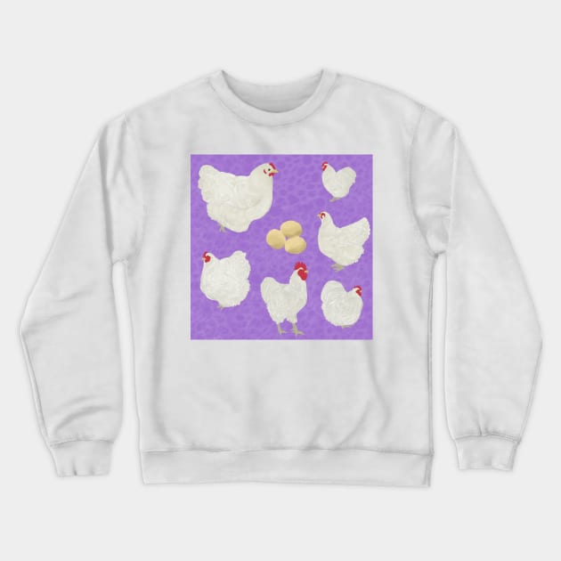 White Orpington Chickens Purple Crewneck Sweatshirt by TrapperWeasel